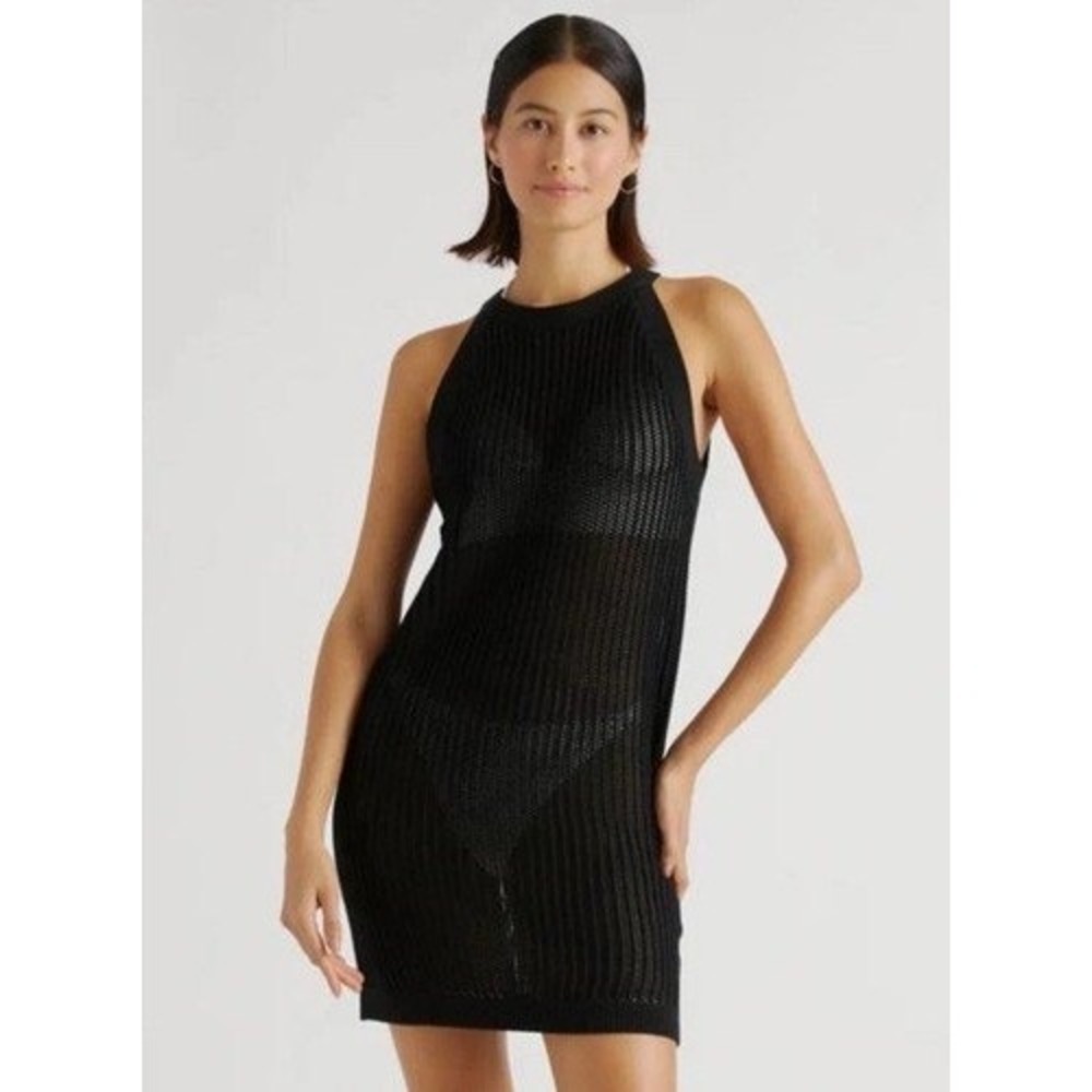 Tahari Black Crochet Open Knit‎ Halter Neck Sleeveless Dress Beach Sexy Goth M